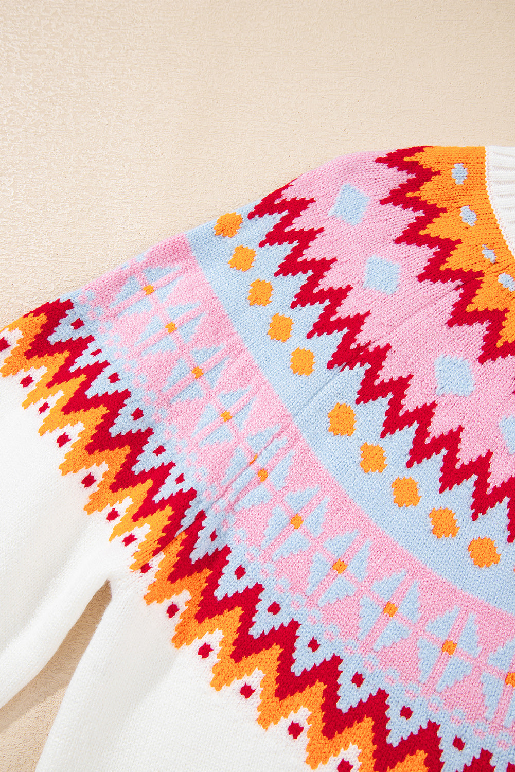 White Ethnic Geometric Colorblock Print Drop Shoulder Sweater
