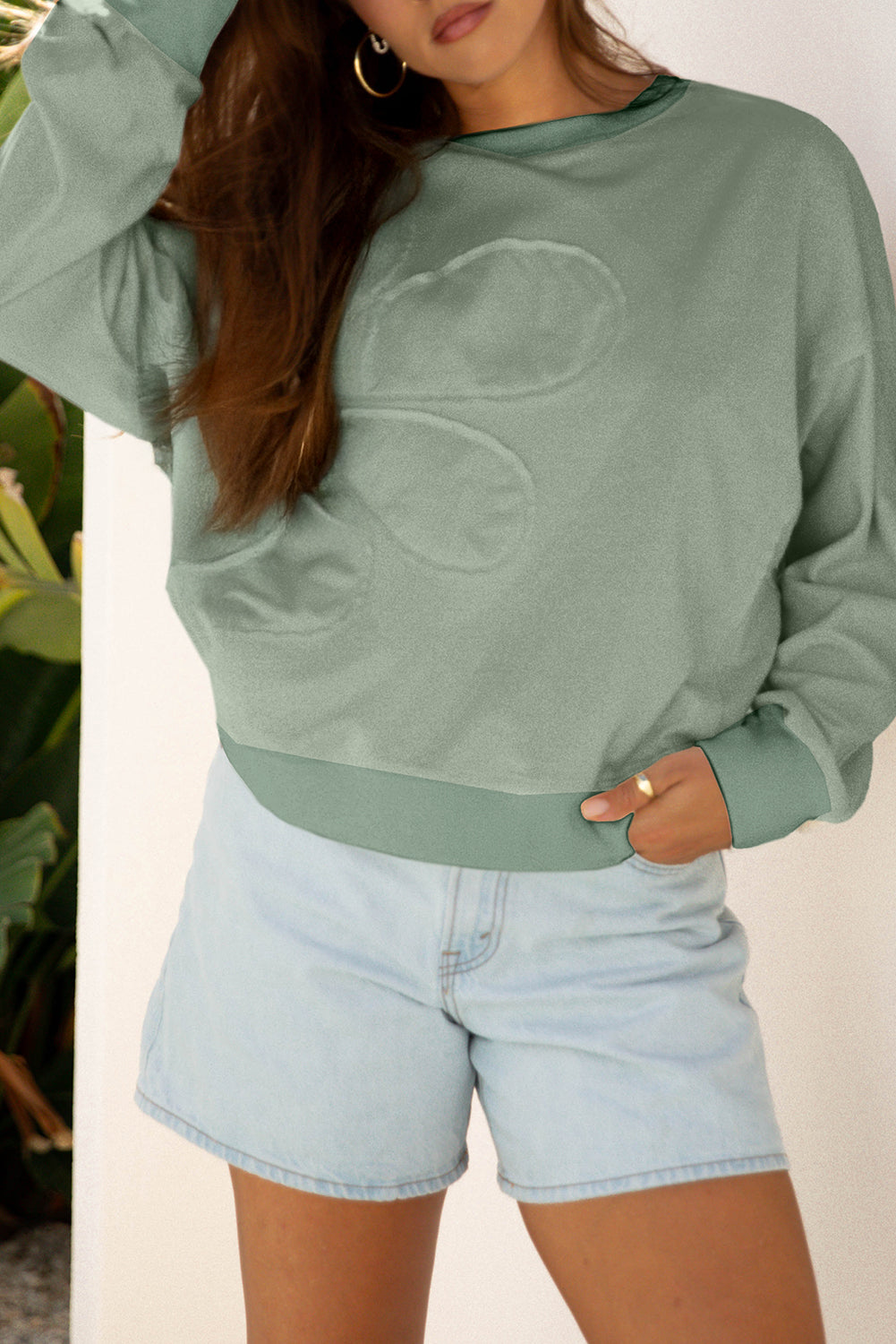 Beige Raw Edge Flower Patch Drop Shoulder Casual Top