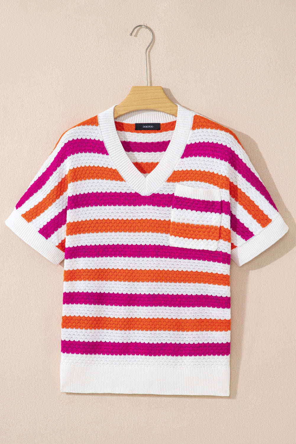 Rose Stripe V Neck Short Sleeve Sweater with Side Slits