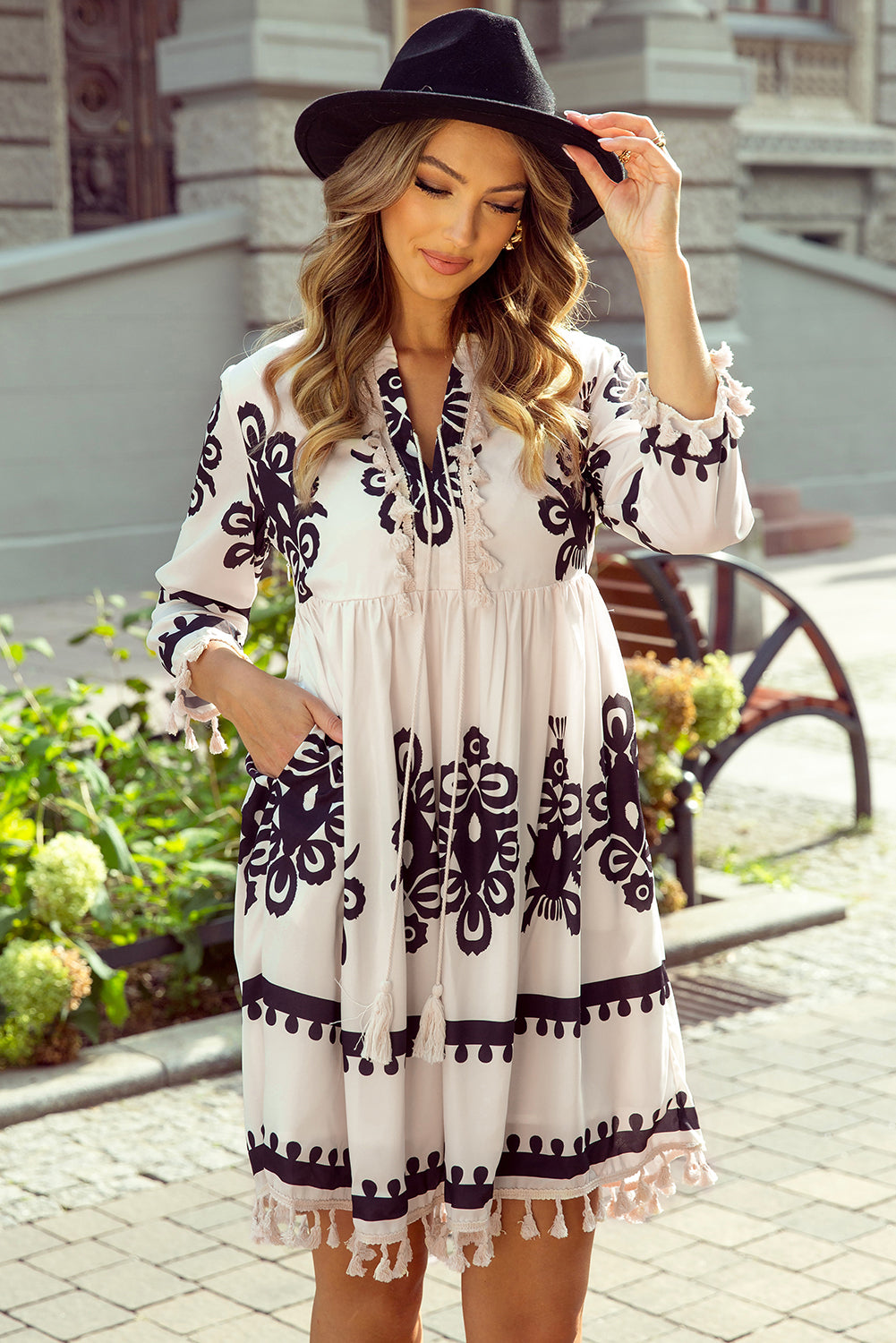 Orange Vintage Geometric Printed 3/4 Sleeve V Neck Blouse