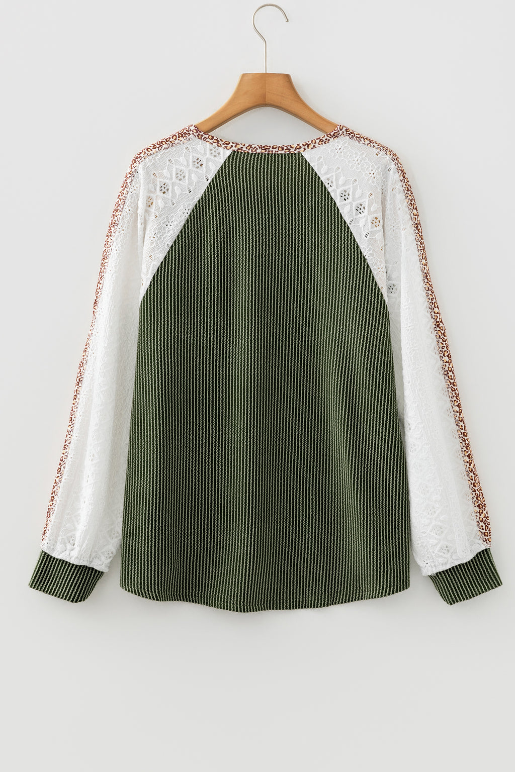 Dark Khaki Twisted Ribbed Leopard Lace Contrast Patchwork Long Sleeve Top