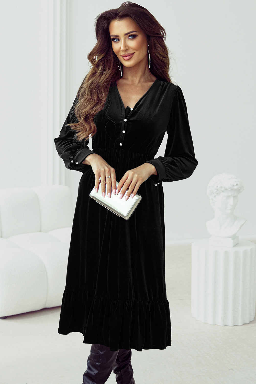 Dearlove Racing Red Velvet Buttoned Puff Sleeve V Neck Split Midi Dress