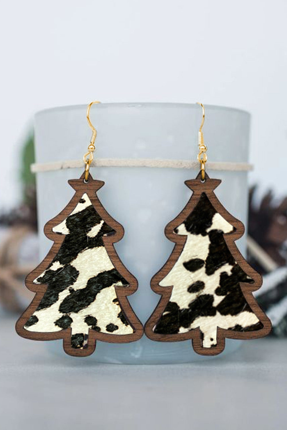 Red Shade Of Leopard Plaid Christmas Tree Earrings