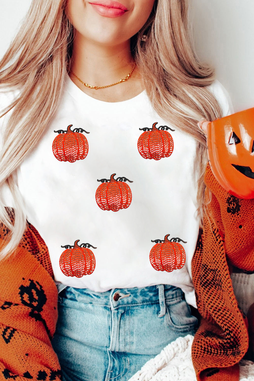 White Colorful Pumpkin Sequin Patched Drop Shoulder Sweatshirt