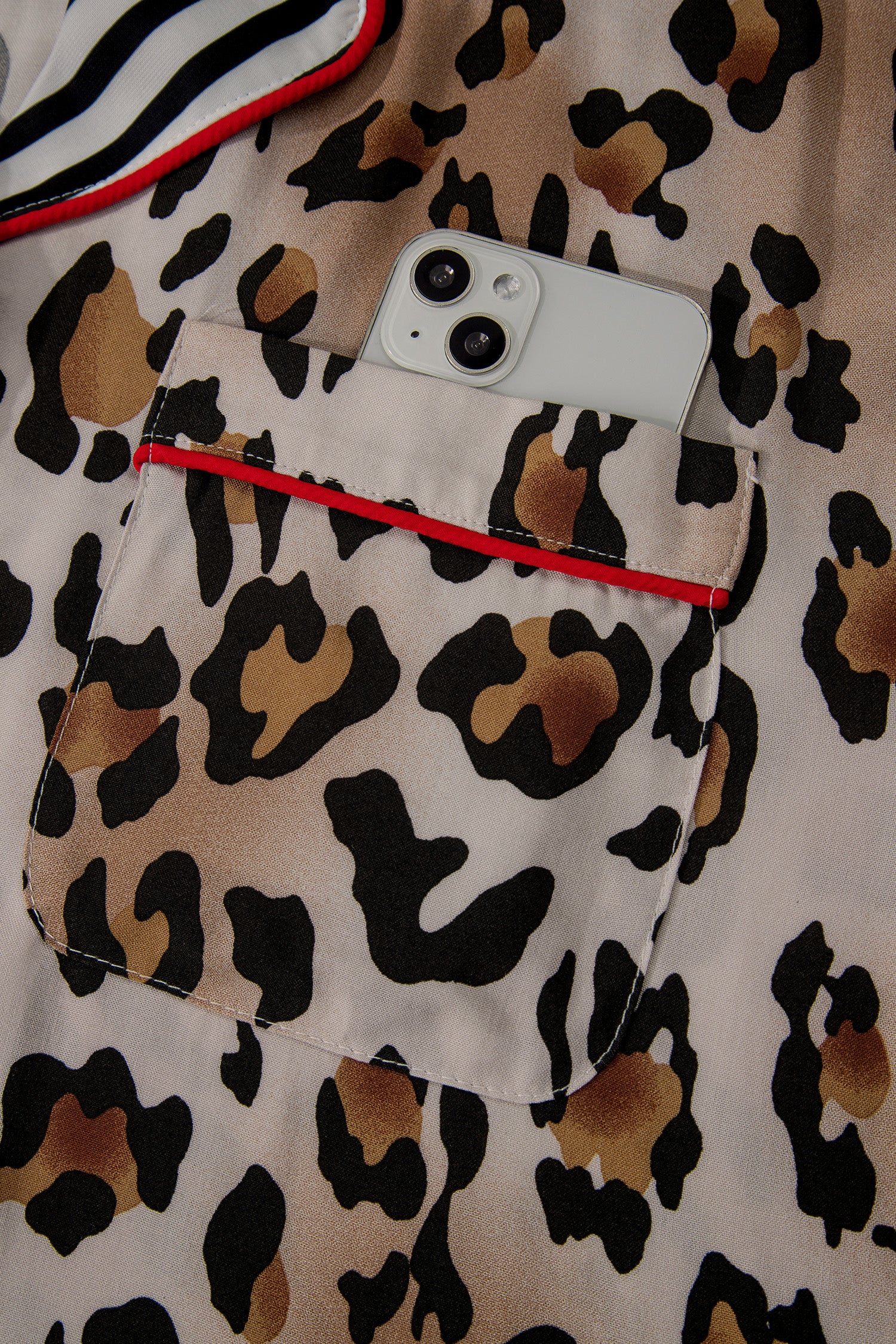 Khaki Plus Leopard Print Contrast Piping Striped Patchwork 2pcs Long Pajama Set