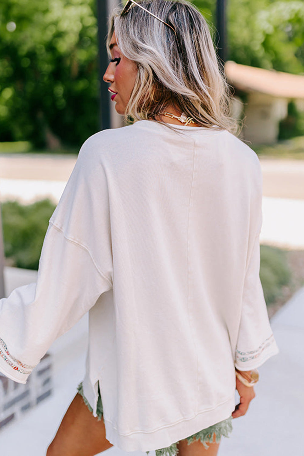 Beige Flower Patch Graphic Exposed Seam Wide Sleeve Top