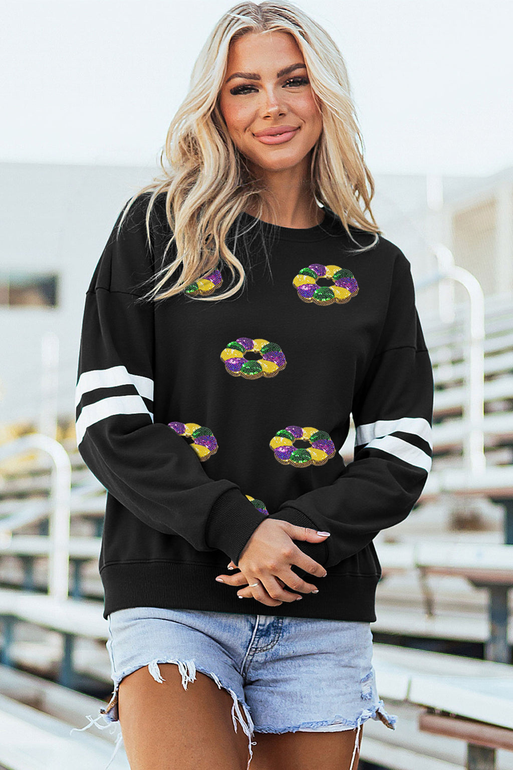 Black Sequin Mardi Crown Dropped Shoulder Varsity Sweatshirt