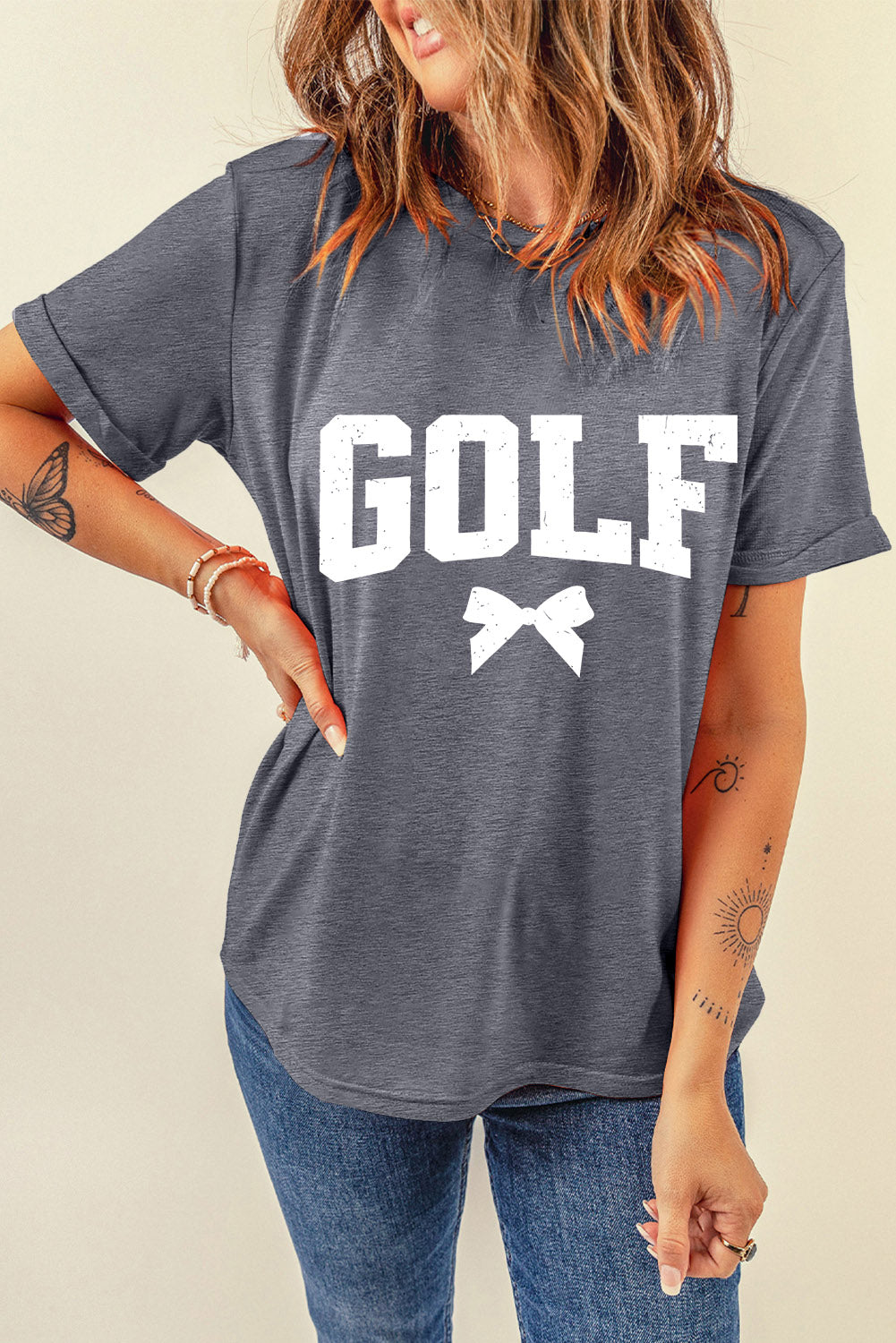 Gray Vintage GOLF Bow Print Casual T Shirt