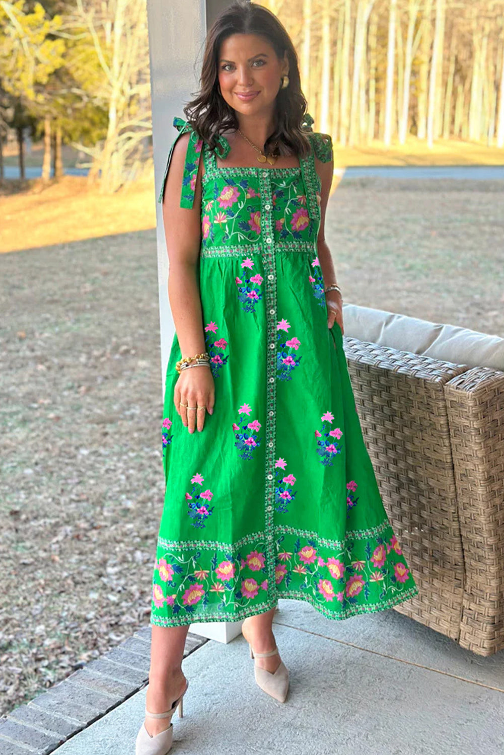 Green Floral Detail Tie Split Neck Short Sleeve Blouse