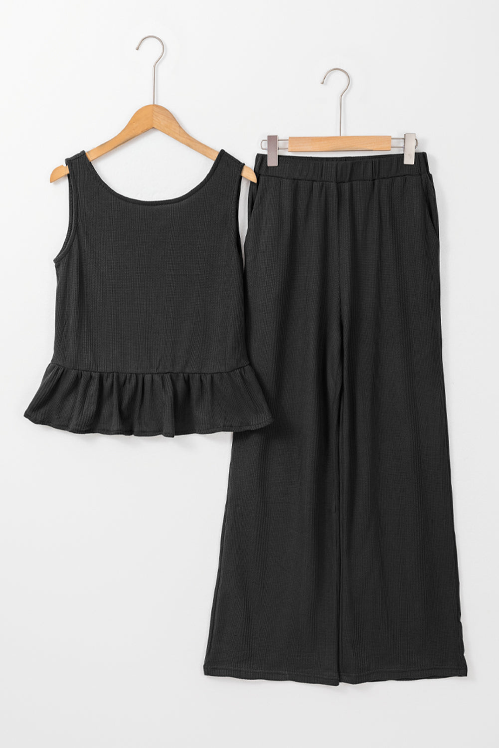 Beau Blue Solid Color Ribbed Ruffle Tank Top and Pants Set