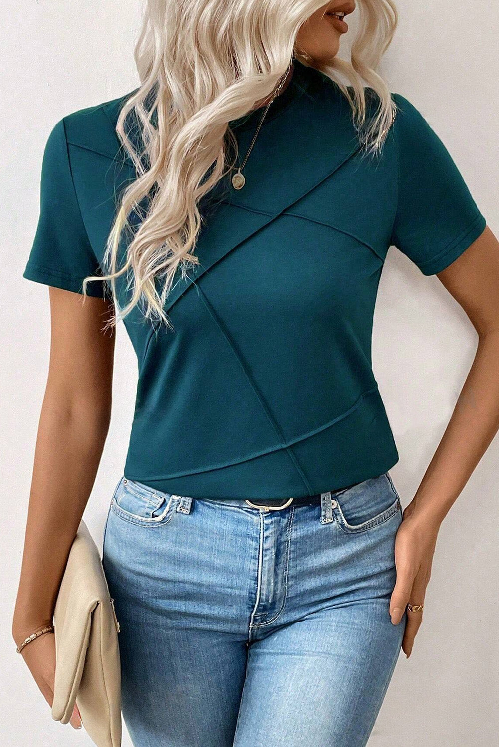Medium Grey Solid Color Toothpick Stripe Round Neck T Shirt