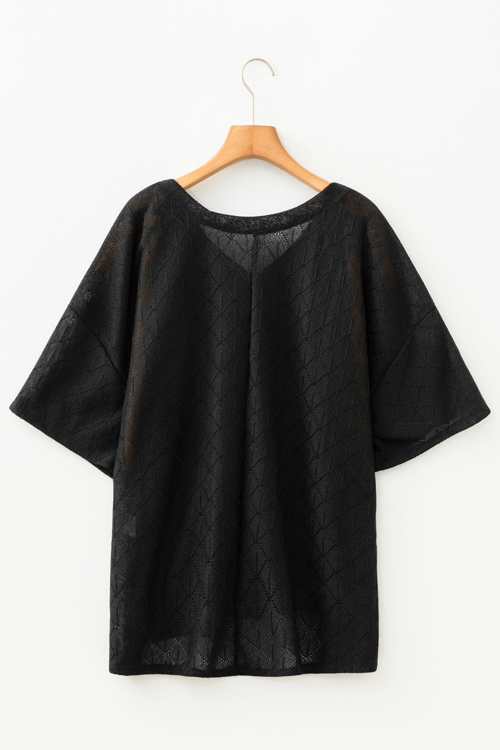 White Pointelle Rhombus Knit Plus Size V Neck Loose Top