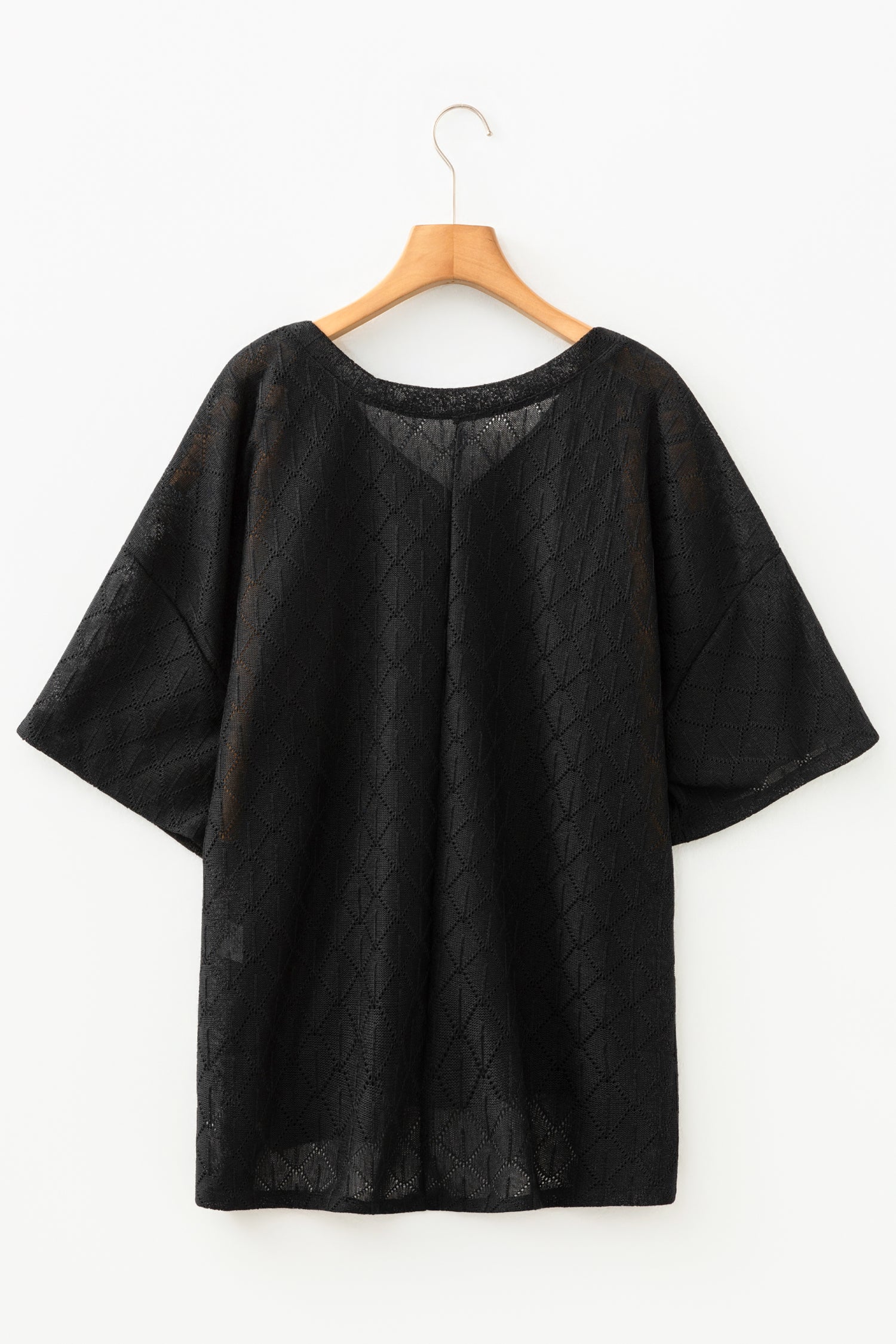 White Pointelle Rhombus Knit Plus Size V Neck Loose Top