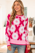 Pink XOXO Pattern Drop Shoulder Crewneck Valentines Sweater