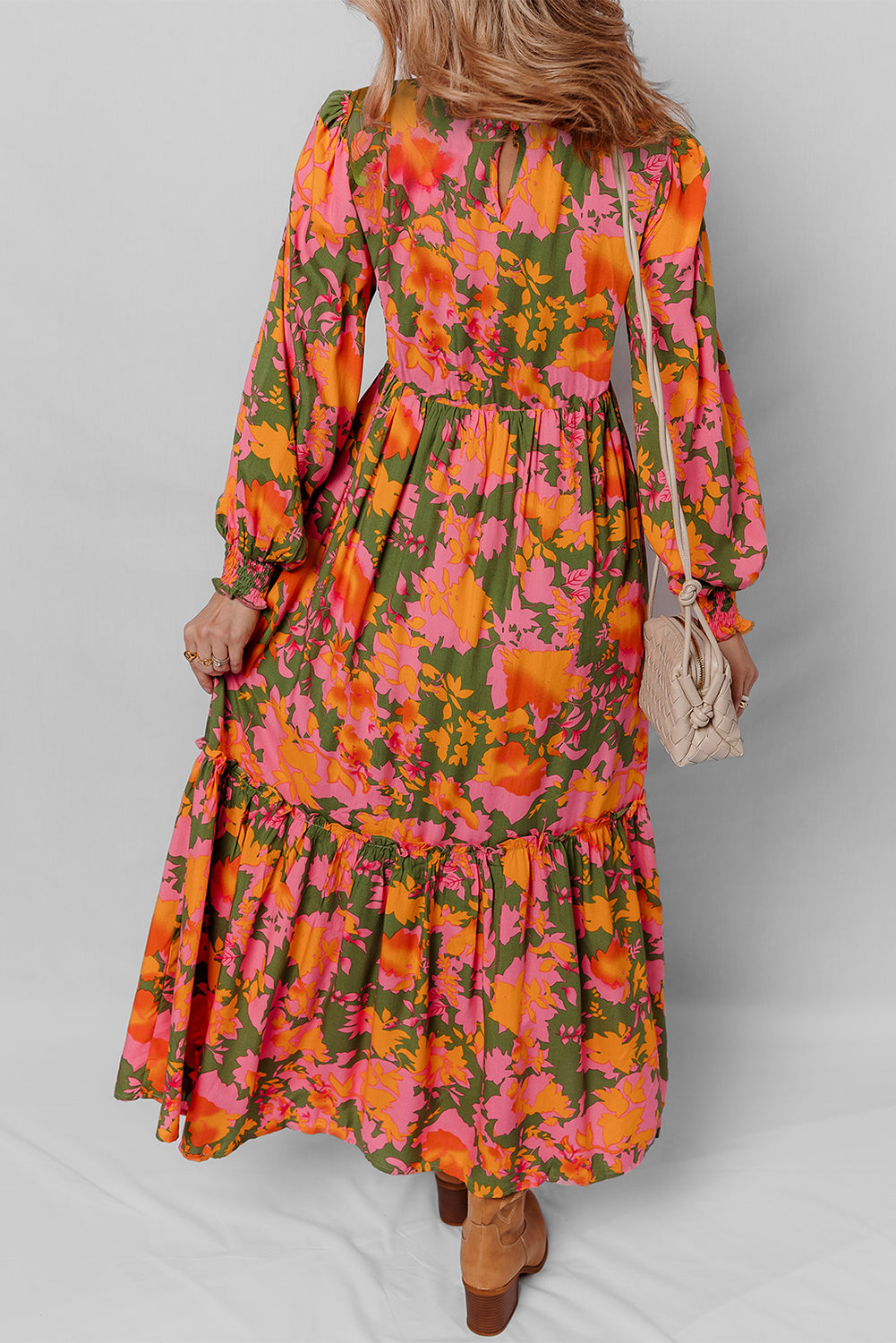 Multicolour Floral Print Long Sleeve Smocked Ruffled Mini Dress