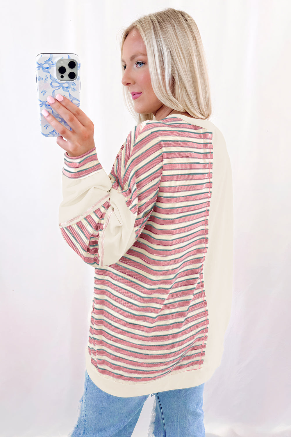 Khaki Stripe Stitched Detail Color Block Patchwork Oversized Pullover Top