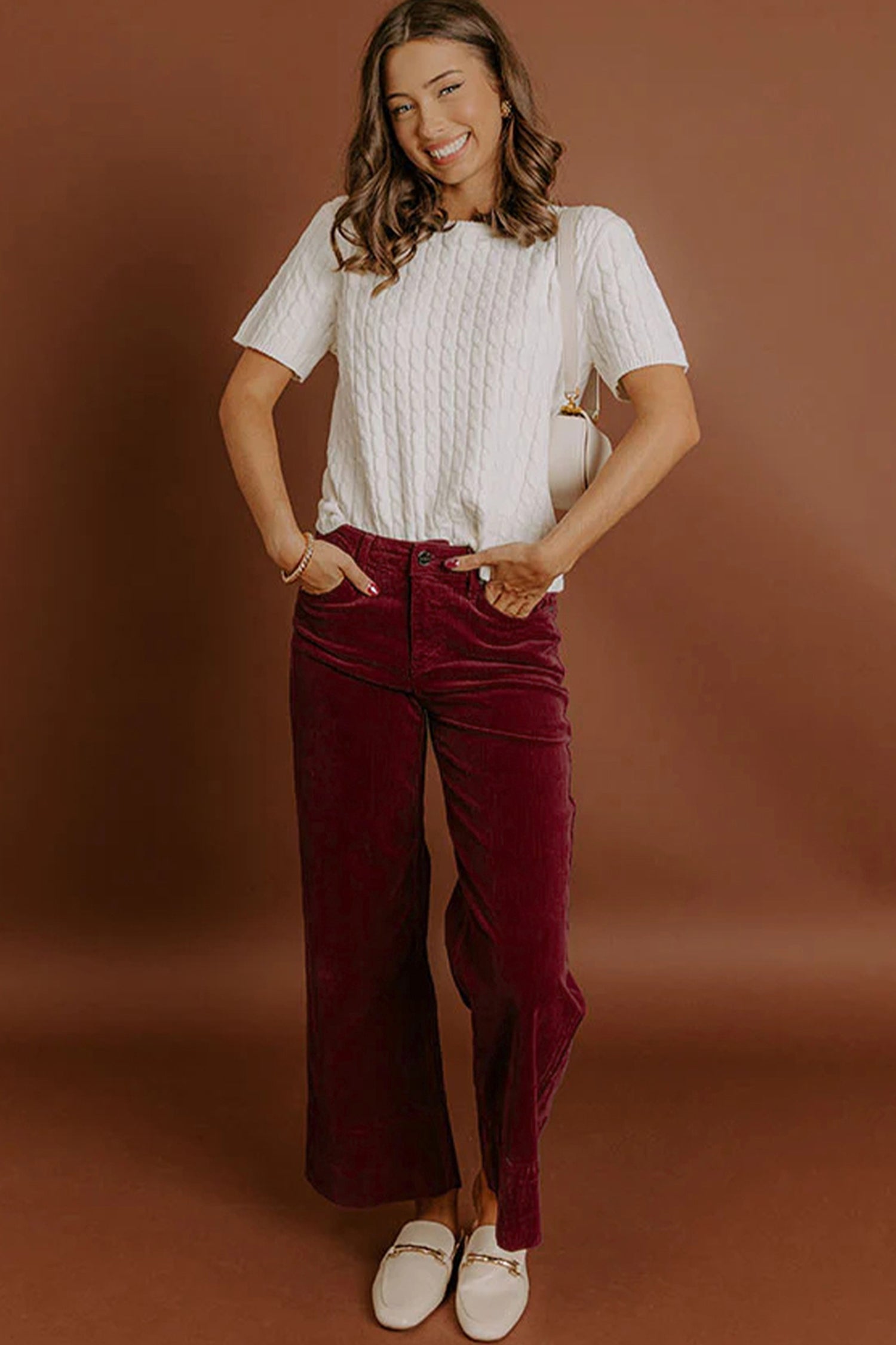 Vineyard Green Corduroy Solid Color High Waist Wide Leg Pants
