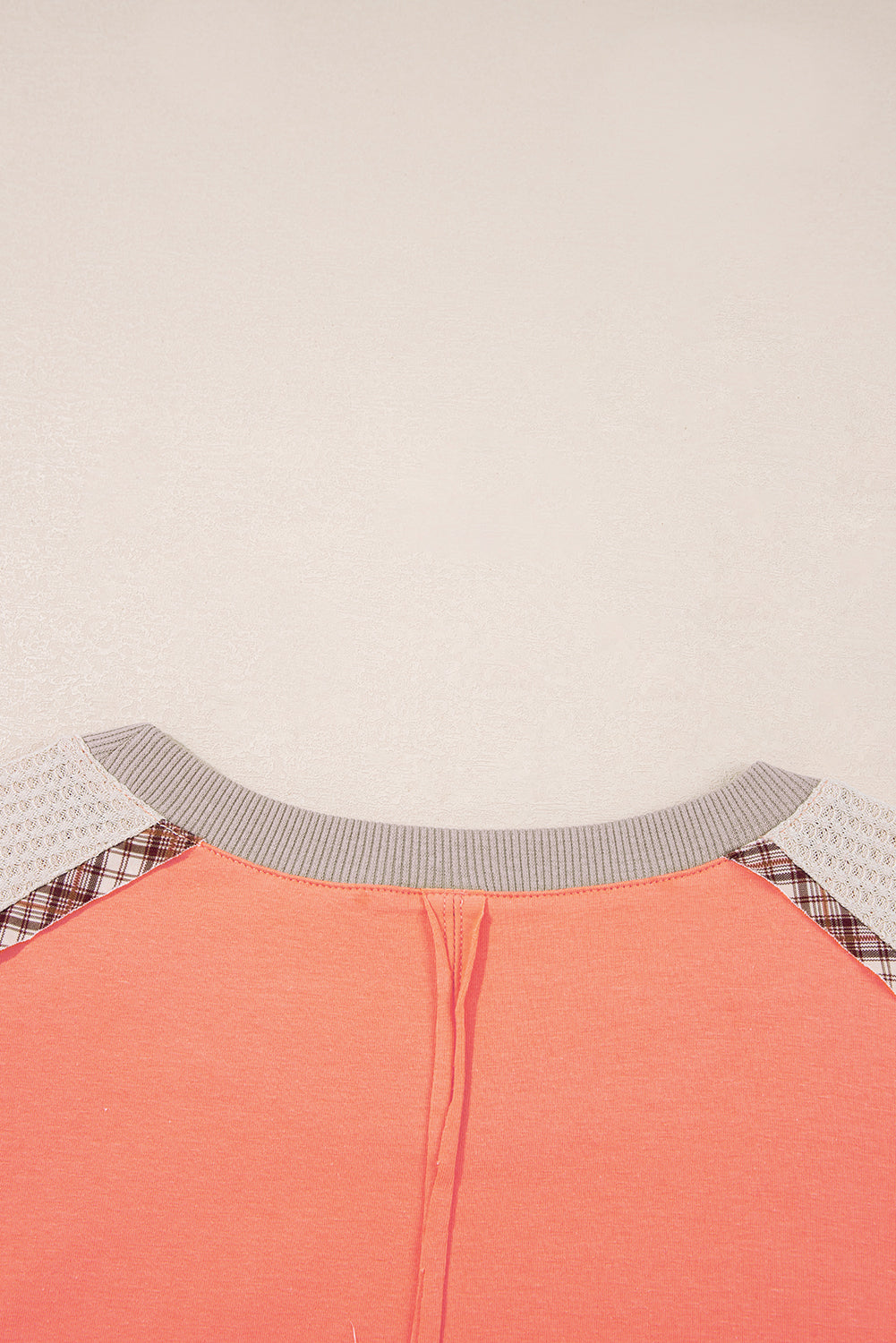 Grapefruit Orange Plaid Flower Waffle Patched Plus Size 3/4 Sleeve Top