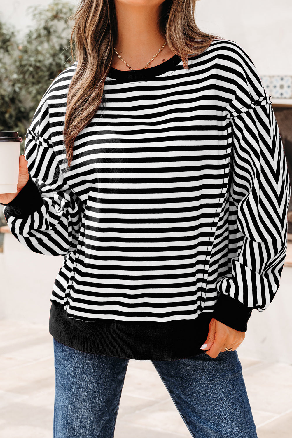 Orange Stripe Exposed Seam Drop Shoulder Casual Pullover Top