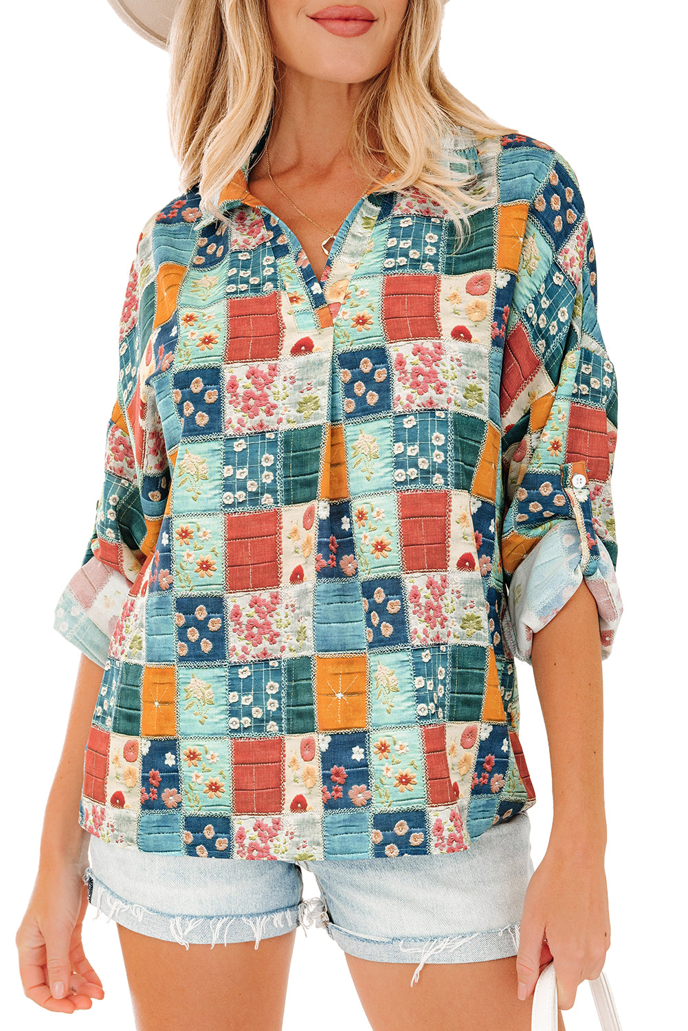 Sky Blue Mix Floral Checkered Pattern Bubble Sleeve Ruffle Hem Dress