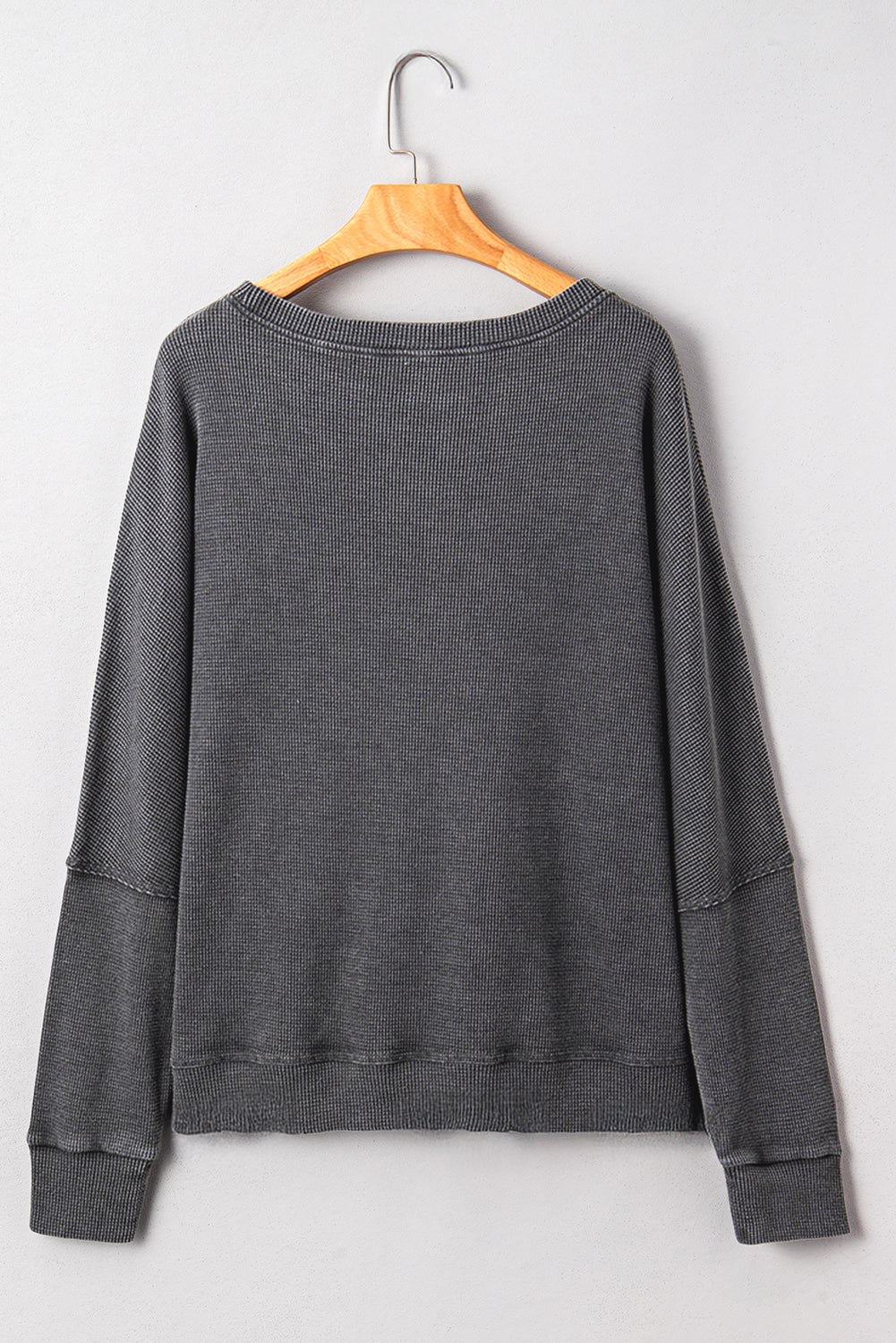 Dark Brown Waffle Knit Patchwork Long Sleeve Loose Top