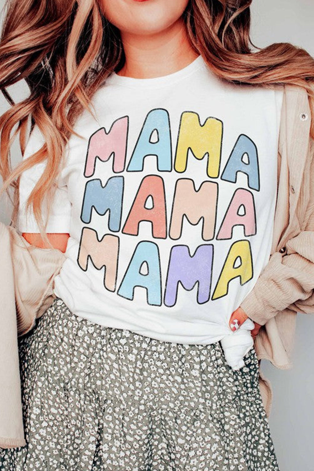 White MAMA Floral Block Graphic Casual T Shirt