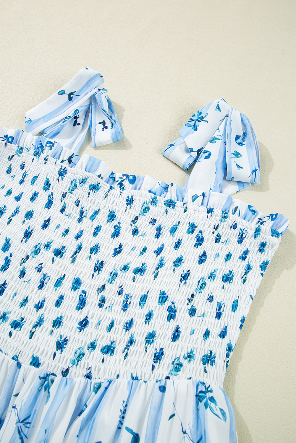 Sky Blue Floral Smocked Tied Straps A-Lined Tiered Maxi Dress