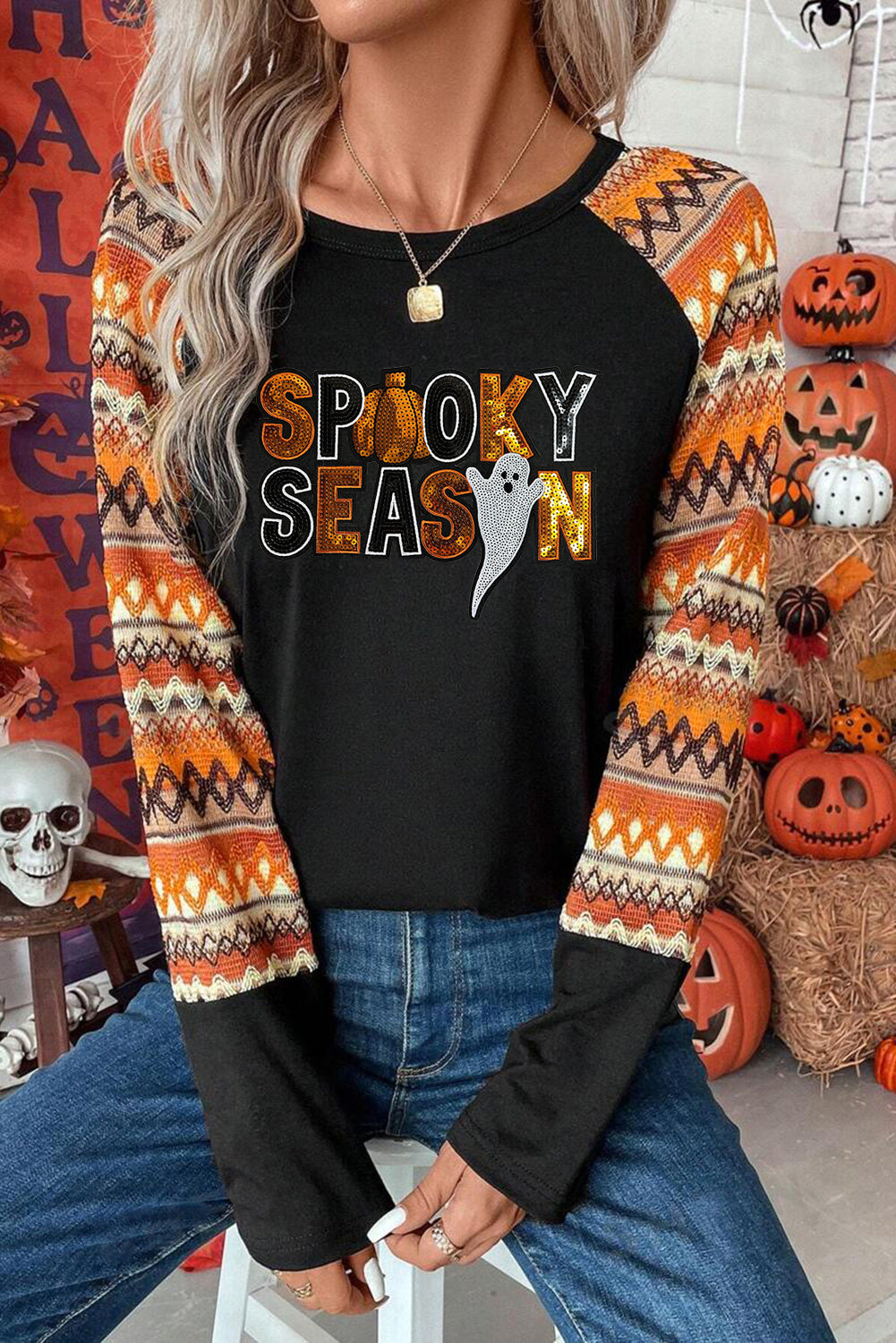 Orange SPOOKY SEASON Sequin Patched Halloween Graphic Contrast Long Sleeve Top