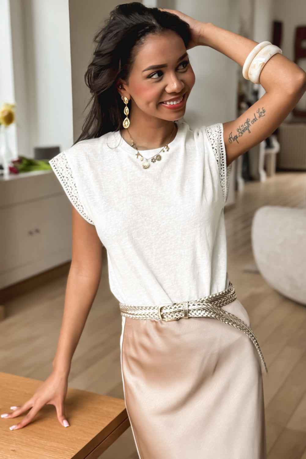 Yellow Cream Lace Patchwork Cap Sleeve Round Neck T Shirt
