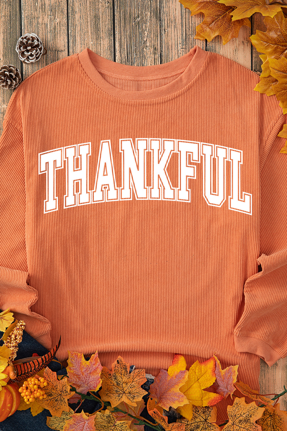 Orange Thankful Ribbed Crew Neck Thanksgiving Sweatshirt