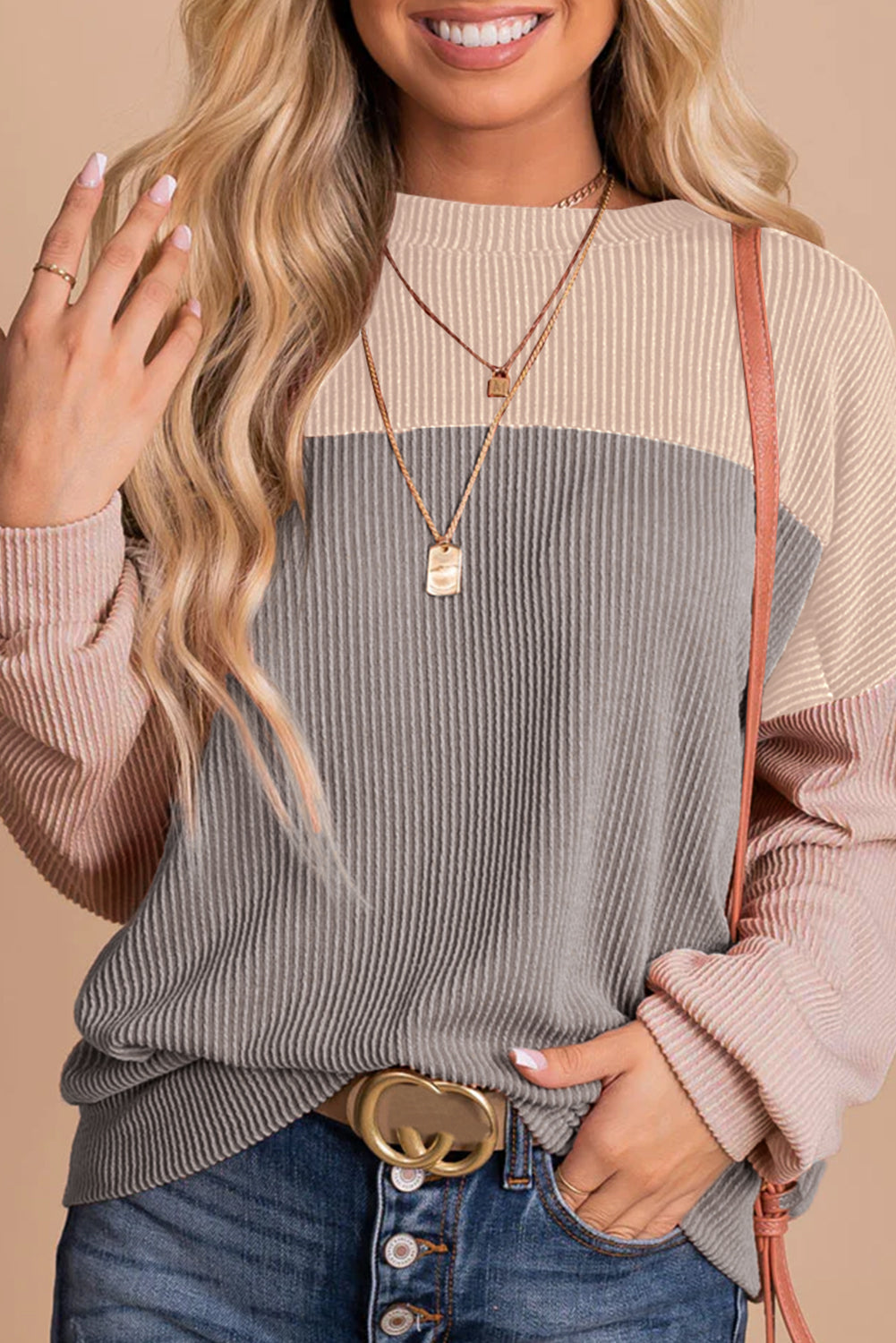 Pale Chestnut Color Block Corded Long Sleeve Top