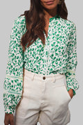 Green Printed Lace Detail Floral Puff Sleeve Fall Shirt