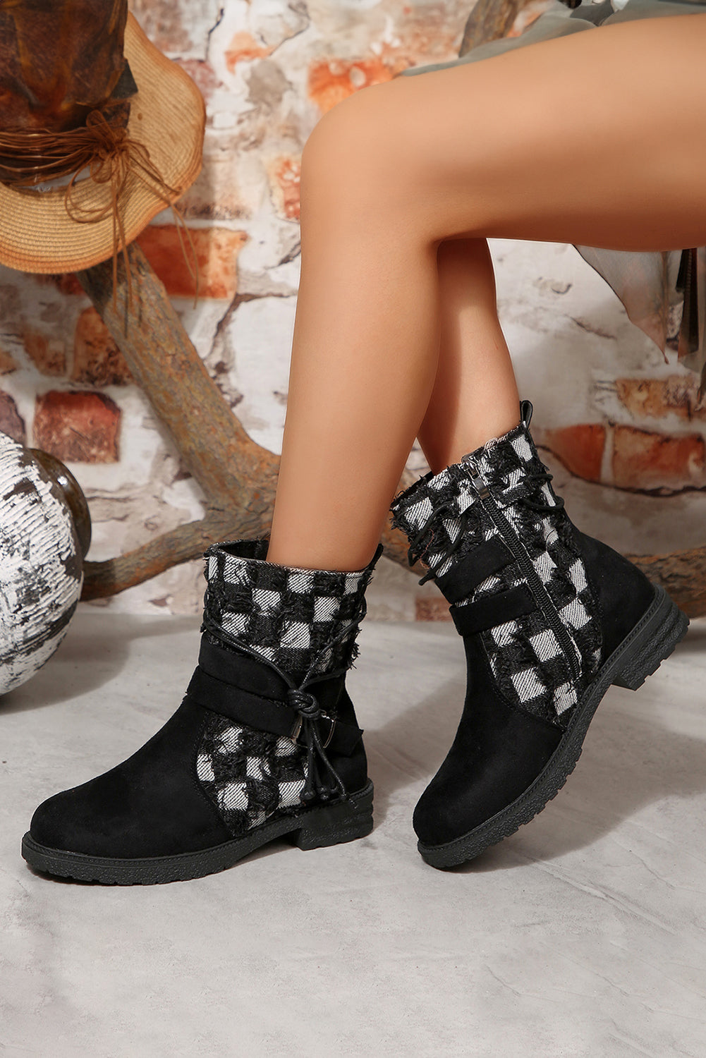 Black Faux Suede Frayed Checkered Patchwork Side Zip Boots