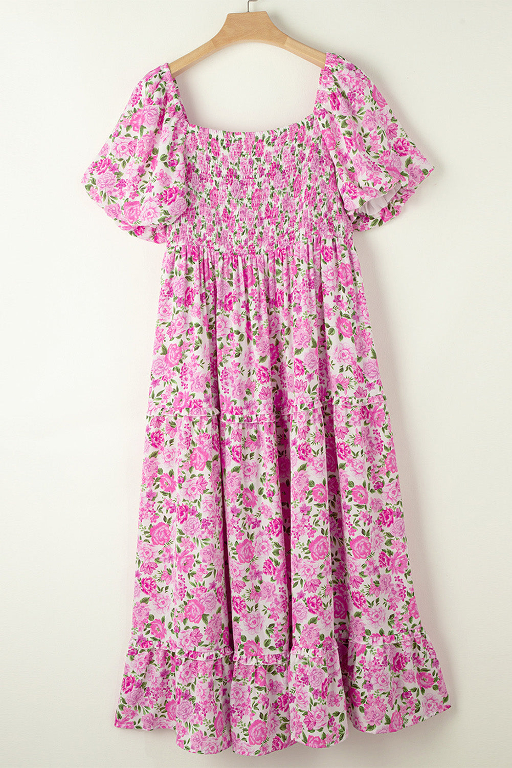 Pink Dainty Floral Smocked Puff Sleeve Flowy Long Dress