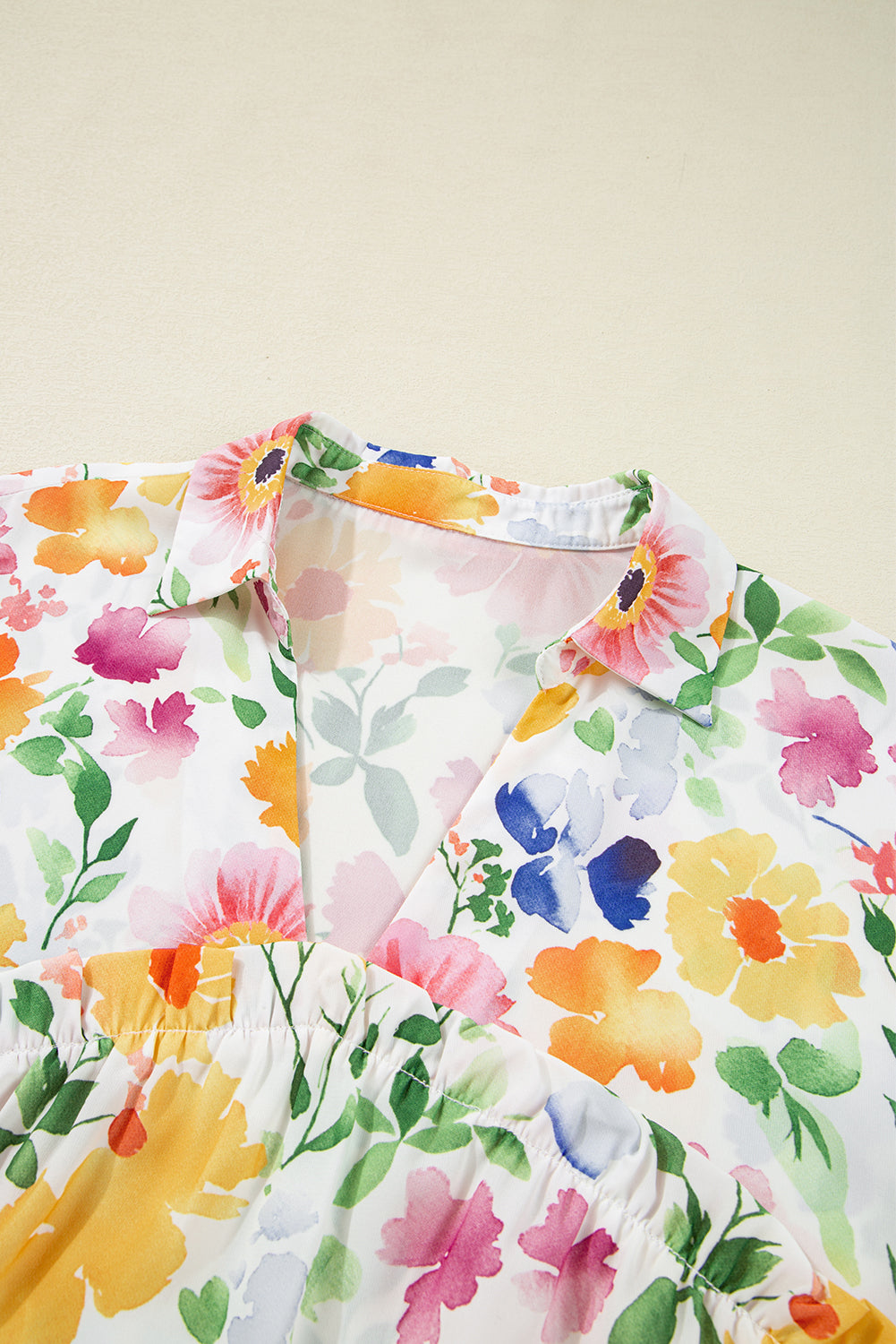 Pink Floral Boxy Fit Ruffled Short Sleeve V Neck Blouse
