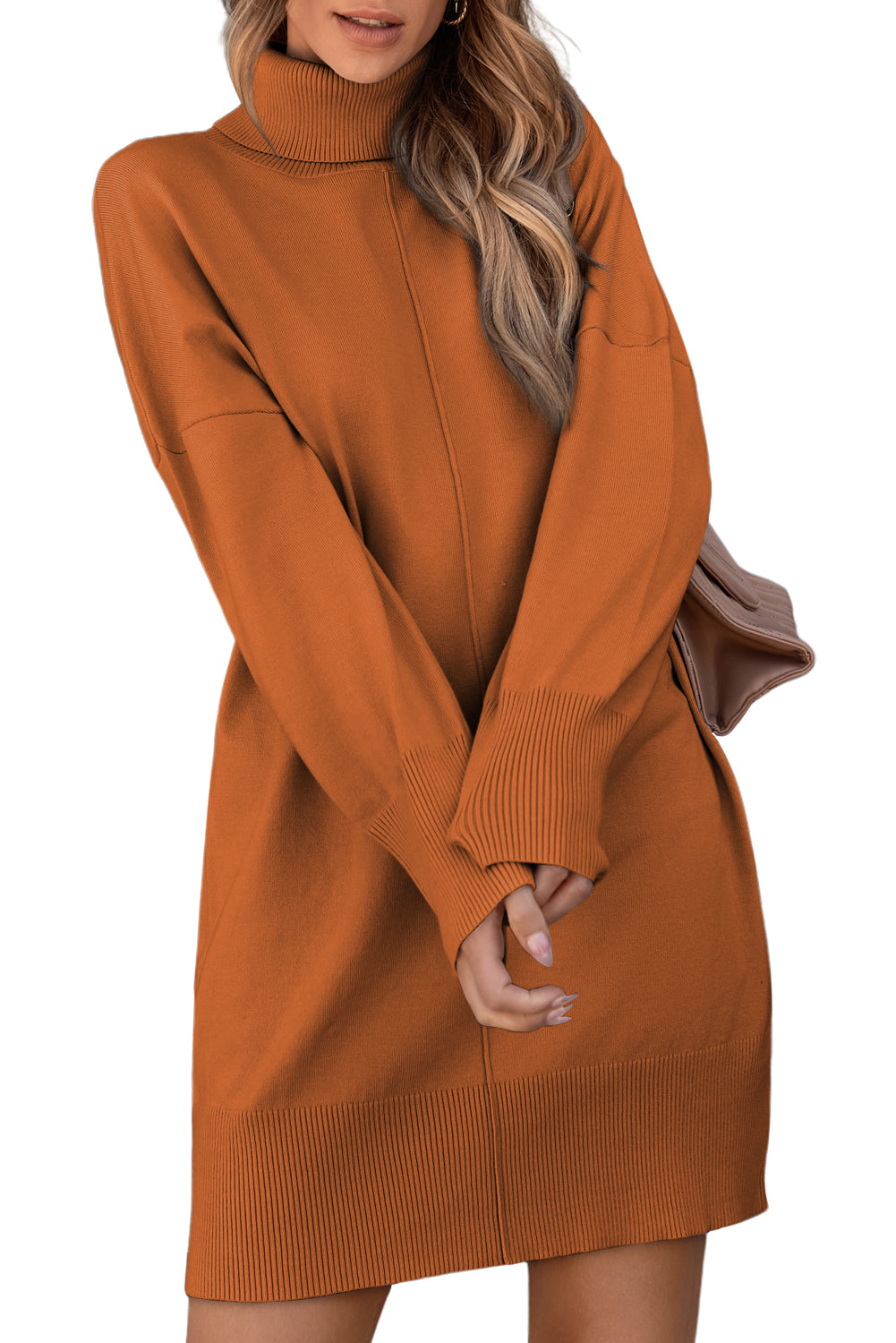 Black Solid Color Turtleneck Drop Shoulder Loose Sweater Dress