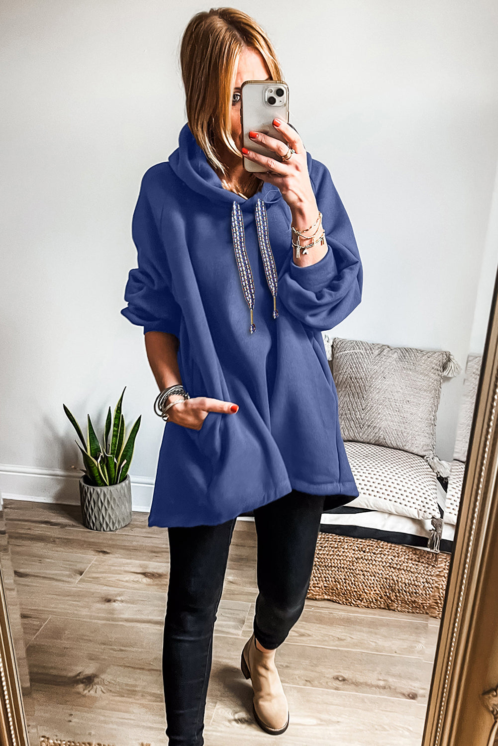 Four Leaf Clover Fleece Lined Adjustable Drawstring Oversize Tunic Hoodie