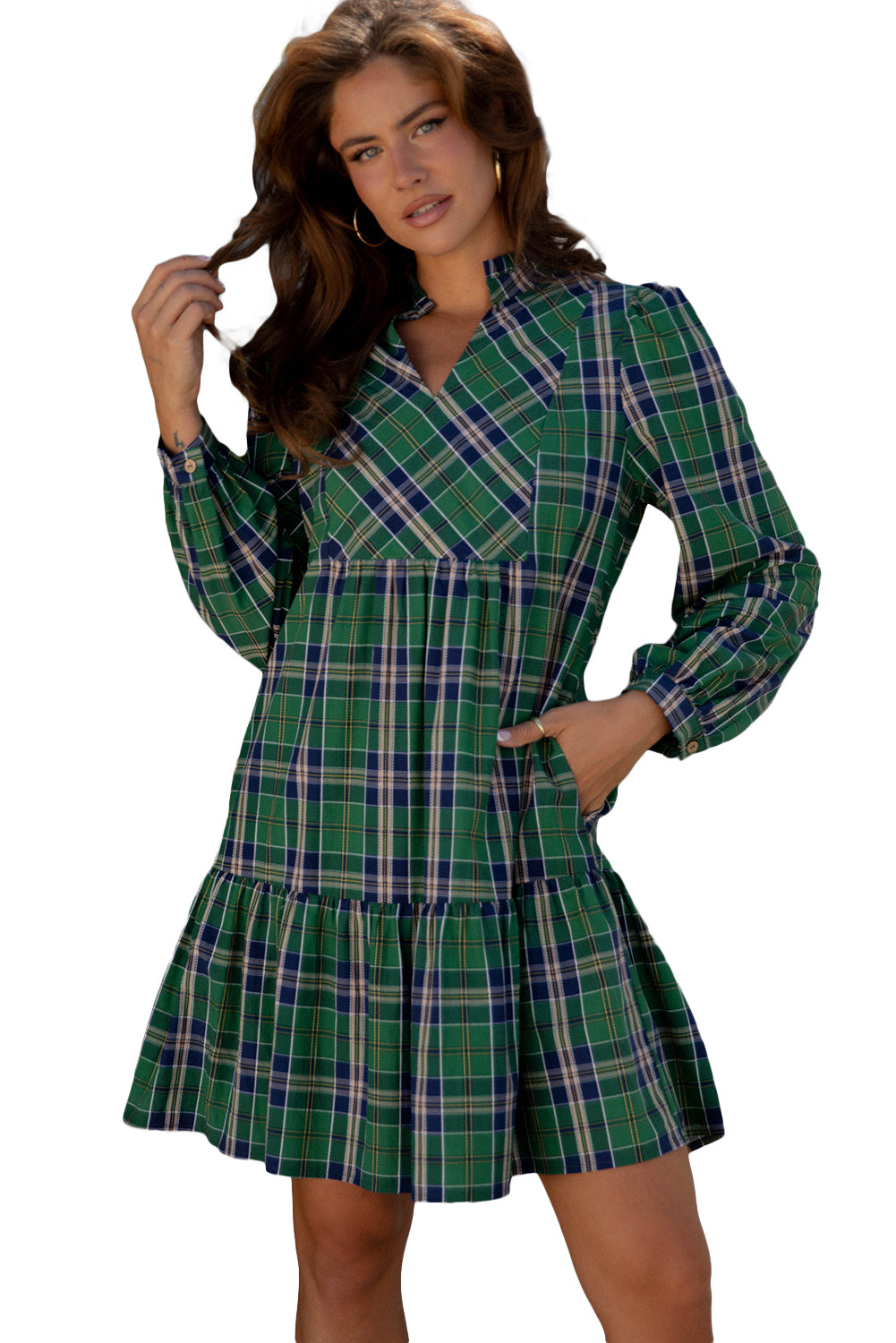 Green Plus Size Plaid Long Sleeve Notched Neck Shift Mini Dress
