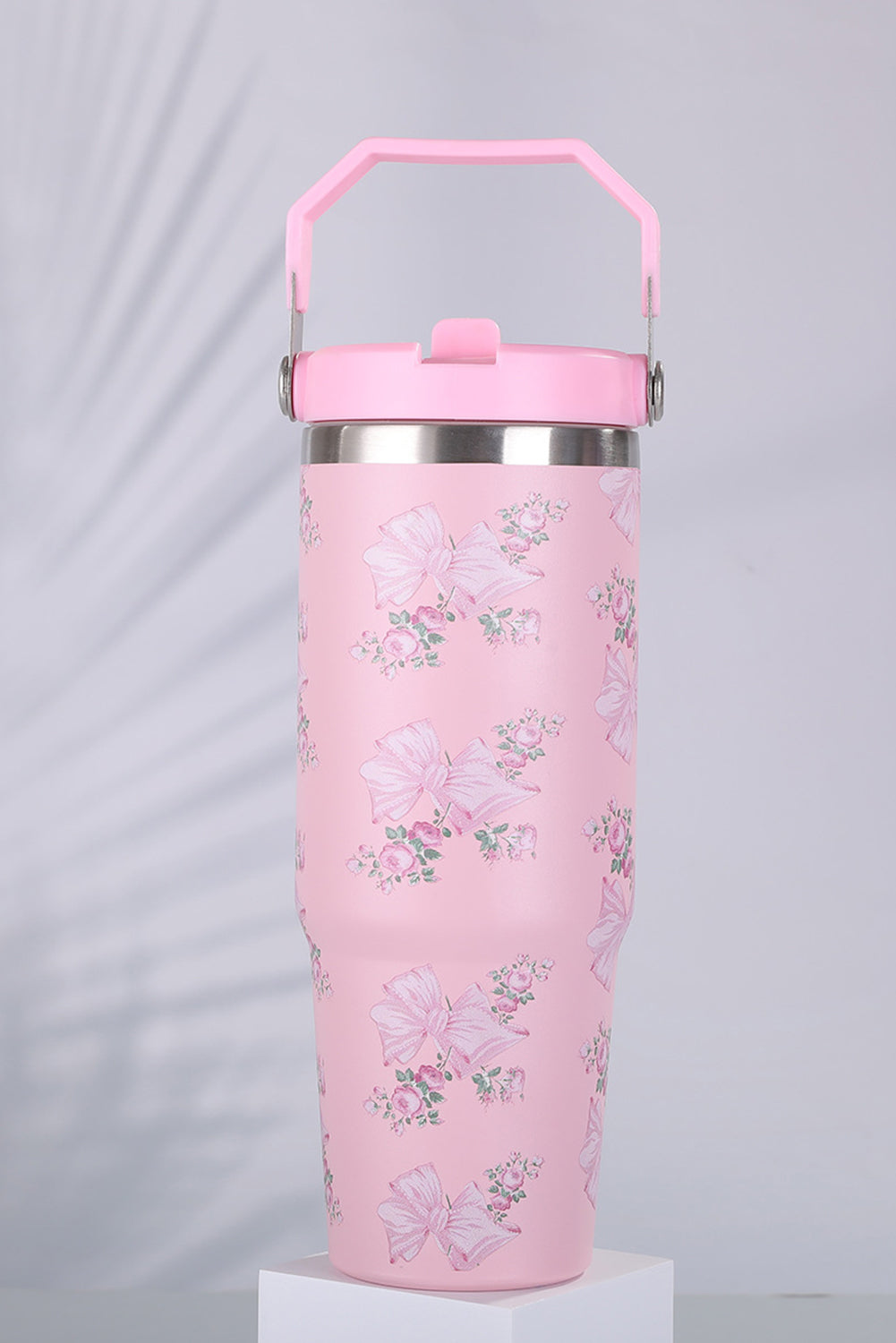 Pink 30OZ Bow Floral Print Flip Handle Straw Tumbler
