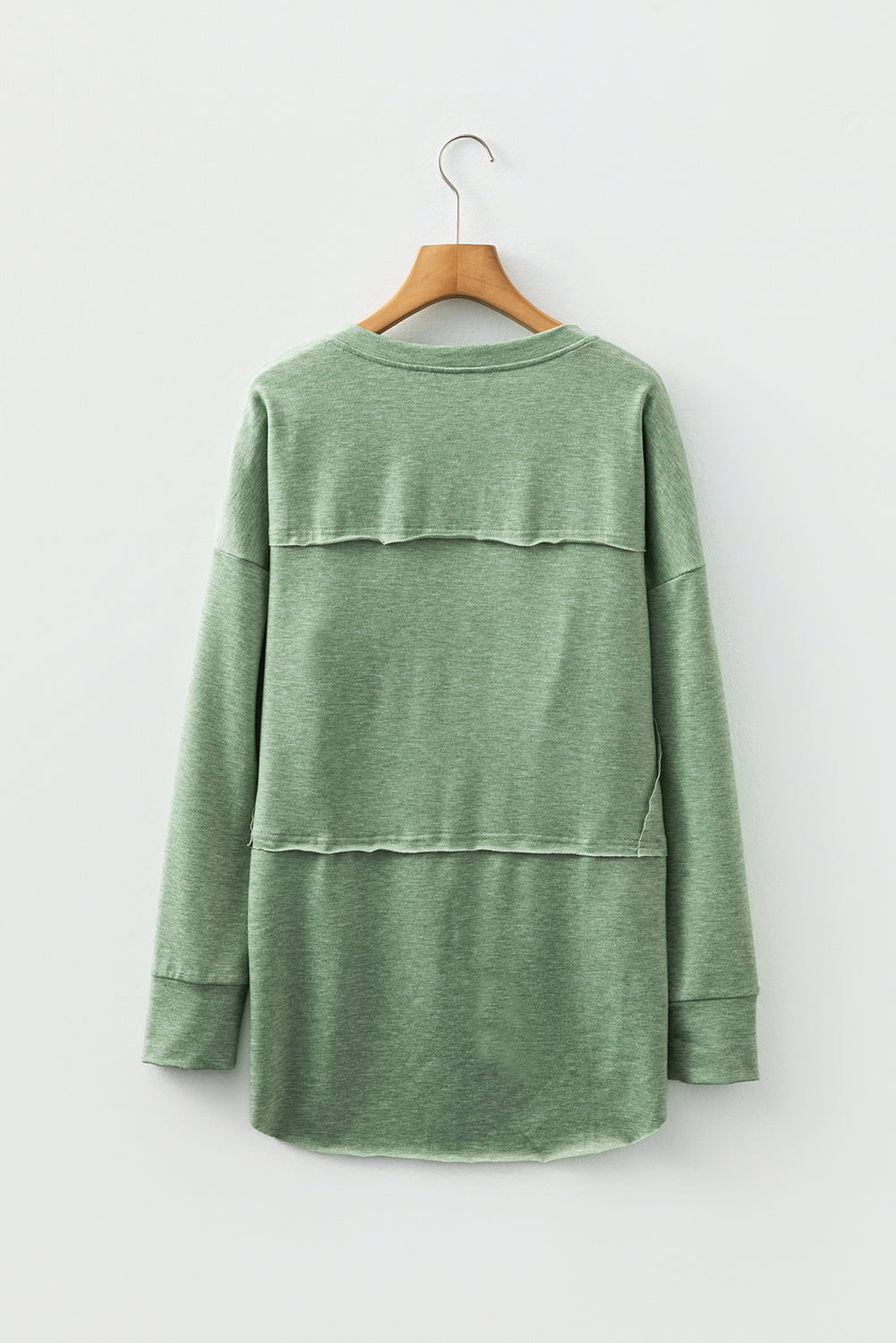 Myosotis Notched Neck Terry Raw Hem Long Sleeve Top