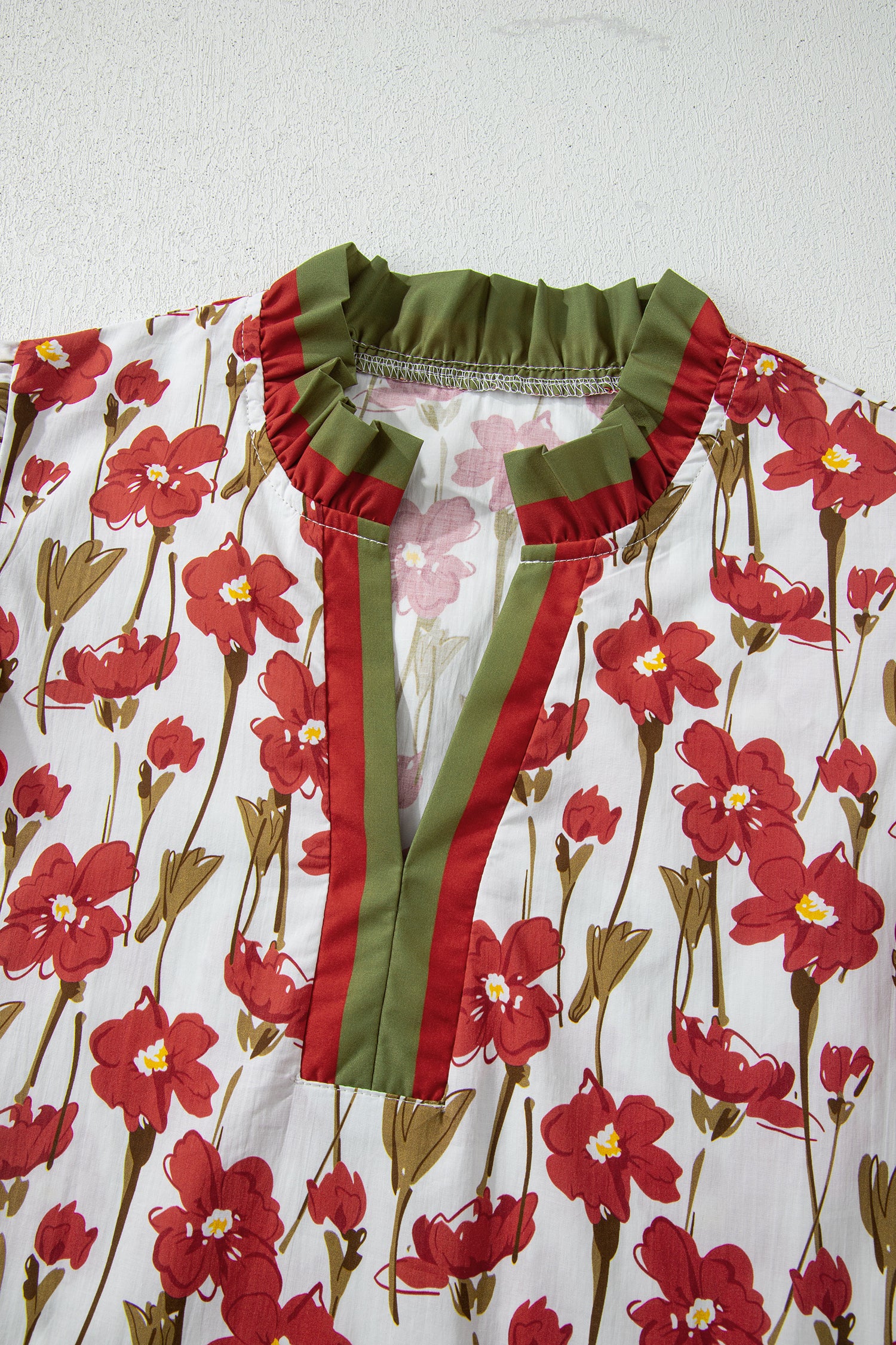 Pink Floral Print Contrast Trim V Neck Double Ruffled Short Sleeve Blouse