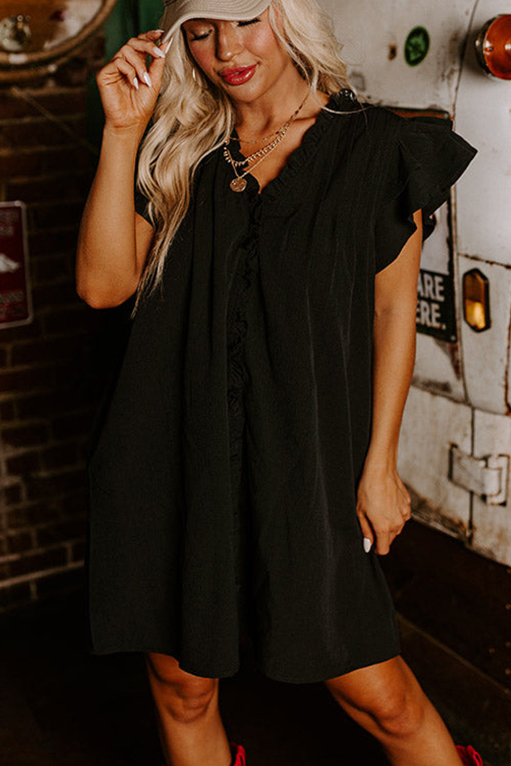 Black Frilled V Neck Pleated Ruffle Detail Short Shift Dress