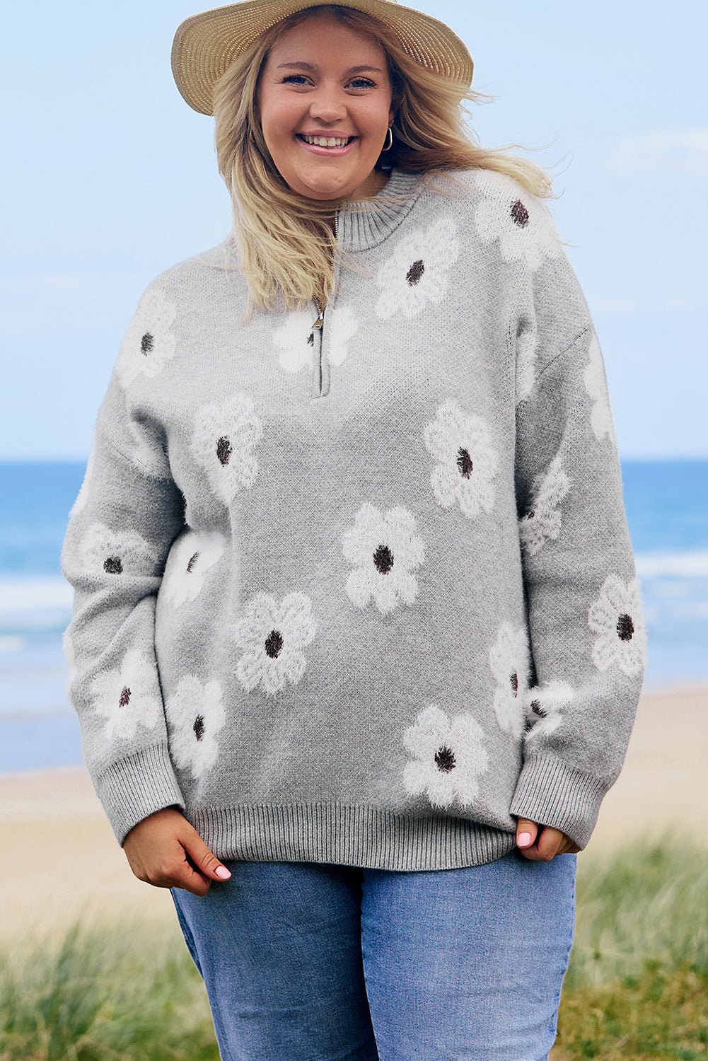 Khaki Floral Pattern Half Zip Drop Shoulder Sweater