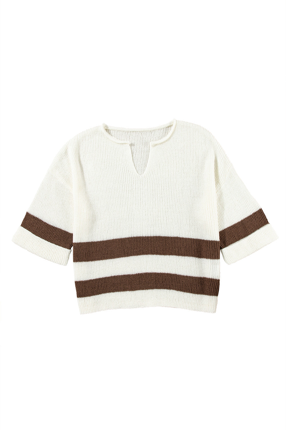 Brown Striped Accent Notched V Neck Cropped Sweater T Shirt