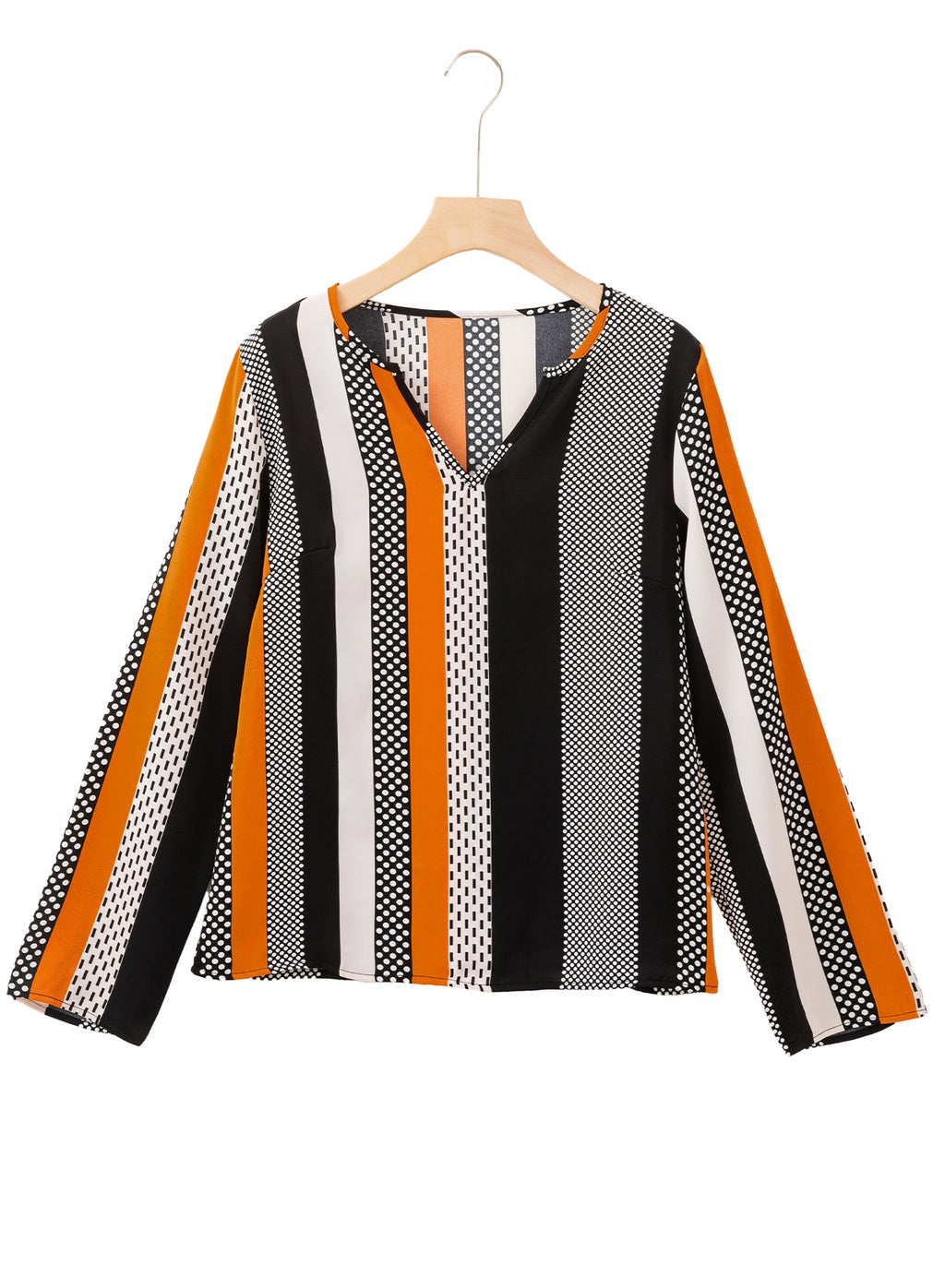Orange Geo Print Colorblock Notched V Neck Blouse
