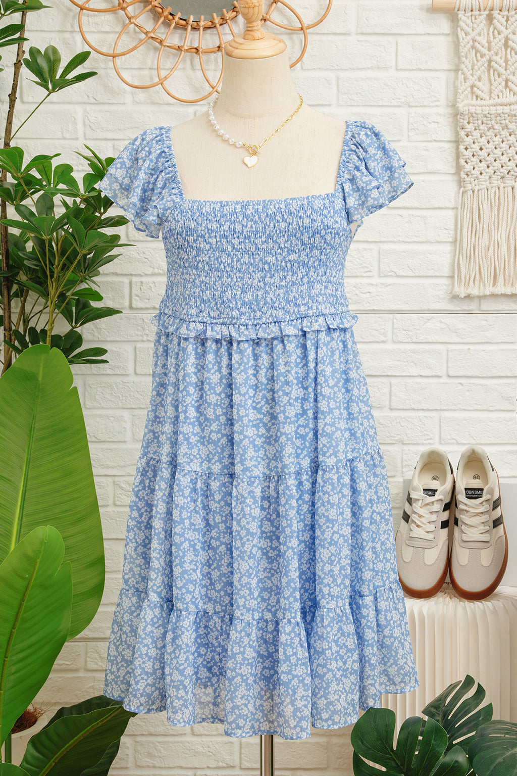 Sky Blue Floral Print Square Neck Flutter Sleeve Smocked Tiered Mini Dress