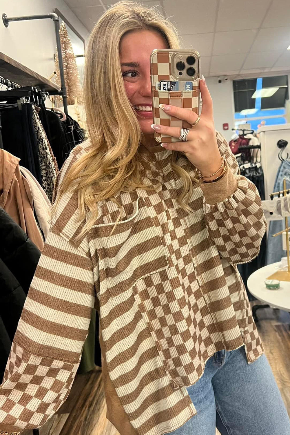 Khaki Checkerboard Striped Patchwork Lantern Sleeve Pocketed Blouse
