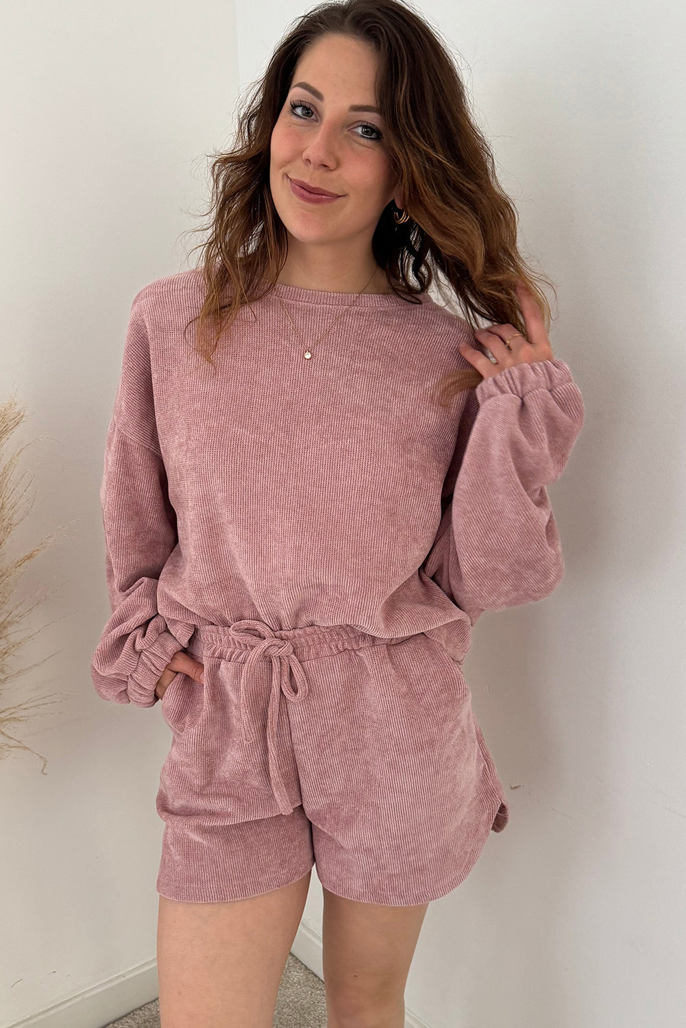 Jet Stream Solid Color Textured Knit Drop Shoulder Pullover Drawstring Shorts Set