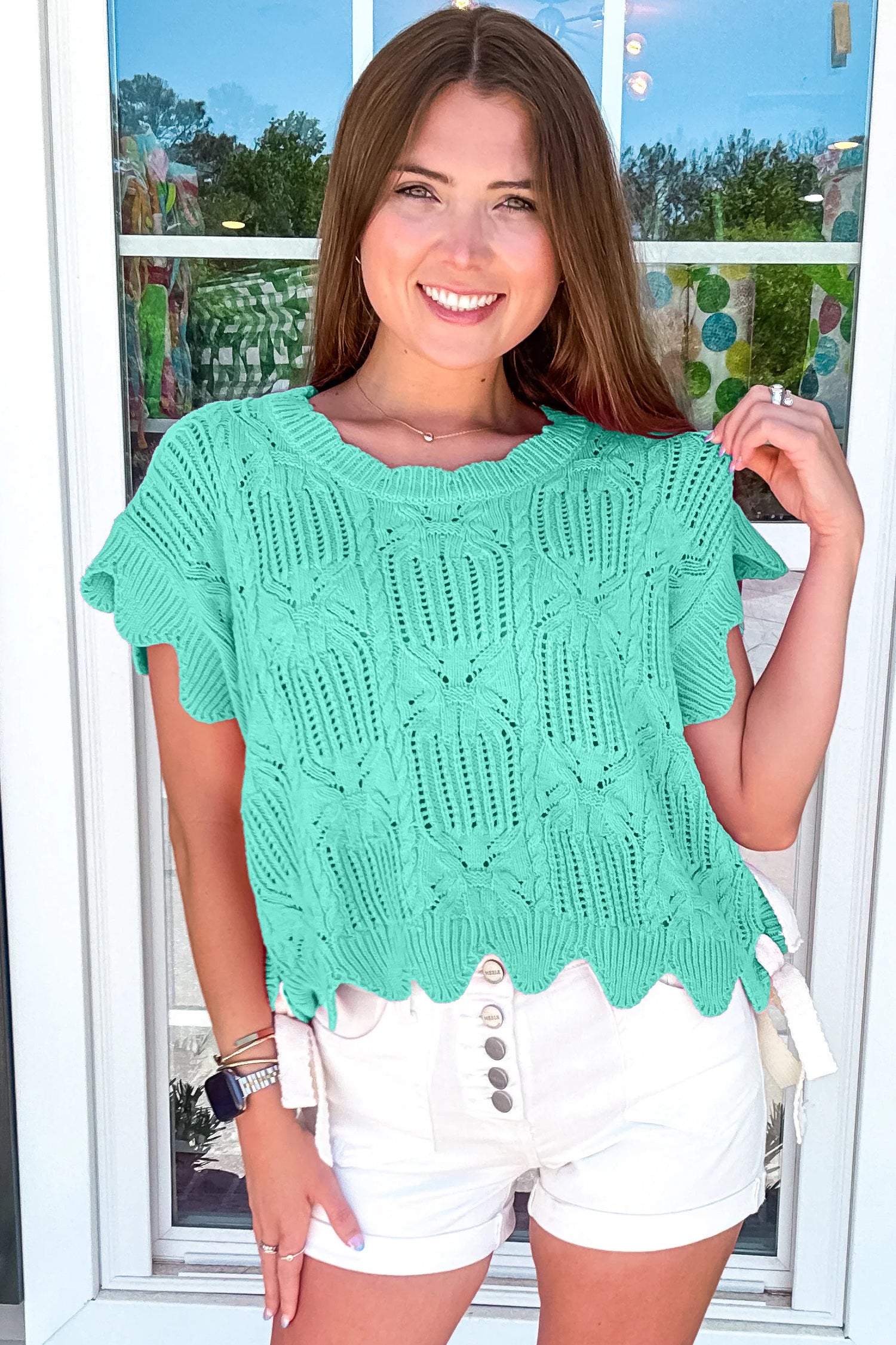 Mint Green Pointelle Knit Patterned Scalloped Trim Short Sleeve Sweater