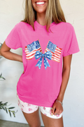 Sachet Pink Dual American Flag Bow Printed Casual T Shirt